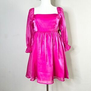 Inspired Hearts Mini Dress Pink Shimmer‎ Square Neck Smocked Waist Puff Sleeve M